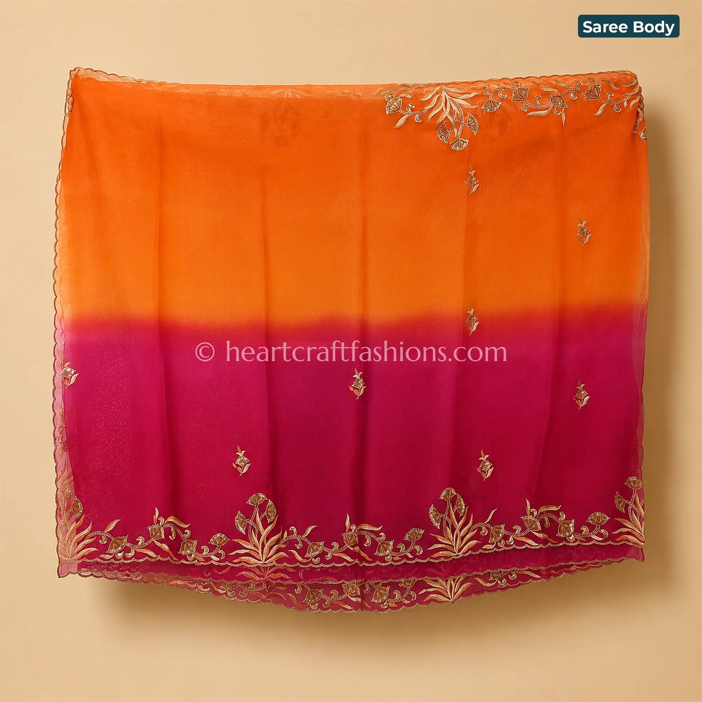 Ombre Orange Pink Designer Kora Silk Gota Patti & Heavy Pita Handwork Saree