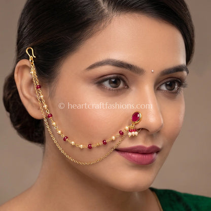 Oval Ruby Heritage Kundan Press Nath with Layered Chain