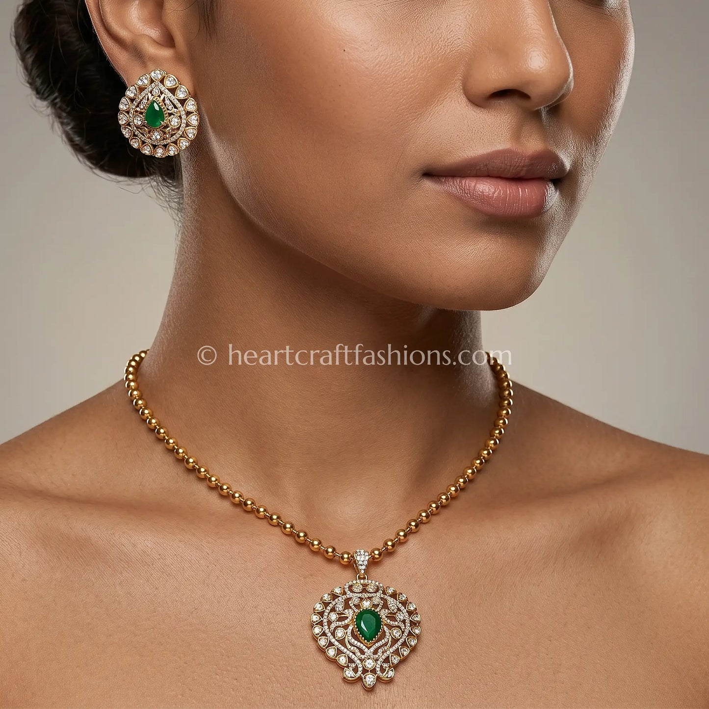 Panna Moissanite Polki Pendant Set