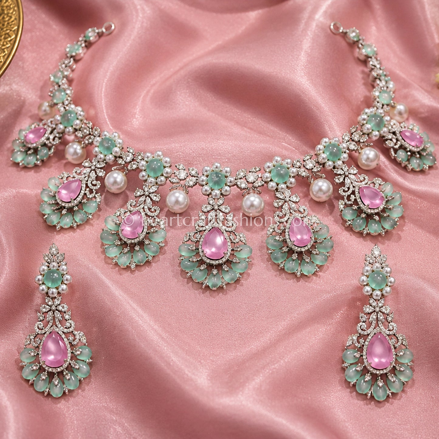 Pastel Pink & Mint Green Royal Kundan-Zircon Choker Set