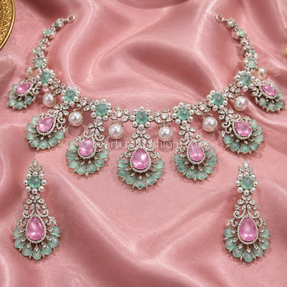 Pastel Pink & Mint Green Royal Kundan-Zircon Choker Set