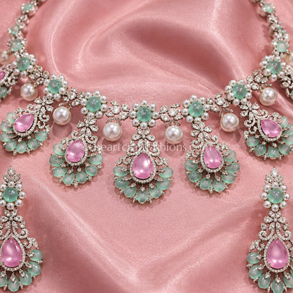Pastel Pink & Mint Green Royal Kundan-Zircon Choker Set