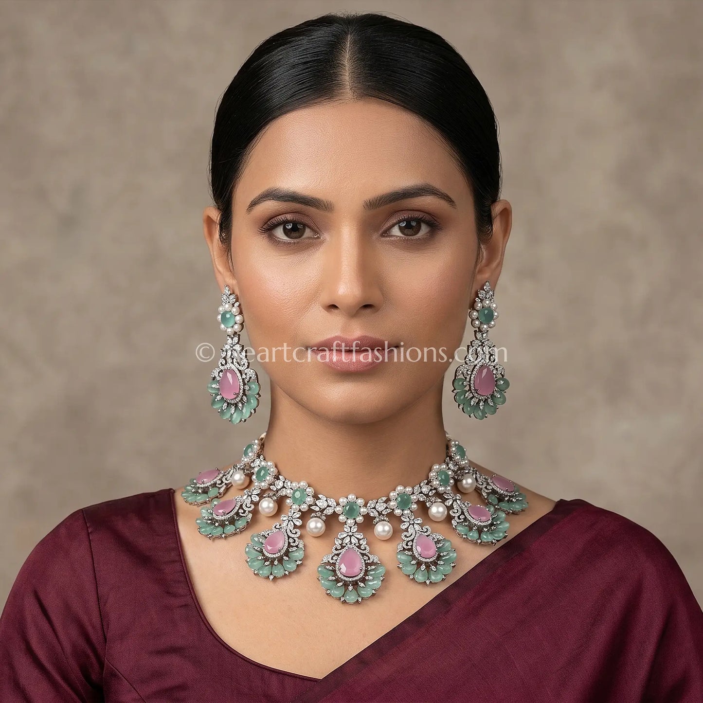 Pastel Pink & Mint Green Royal Kundan-Zircon Choker Set