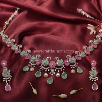 Pastel Pink & Mint Swan Motif Choker Set