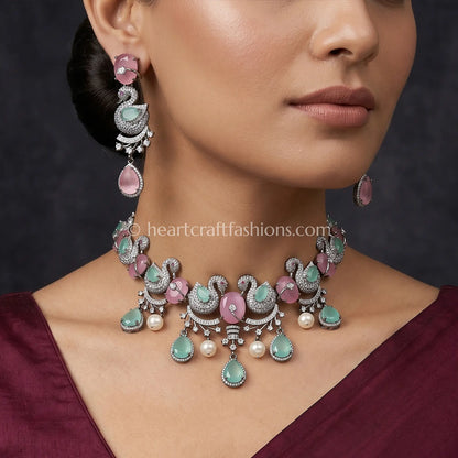 Pastel Pink & Mint Swan Motif Choker Set