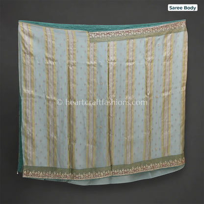 Pastel Sea Green & Off White Khadi Georgette Designer Kolkata Handwork Saree
