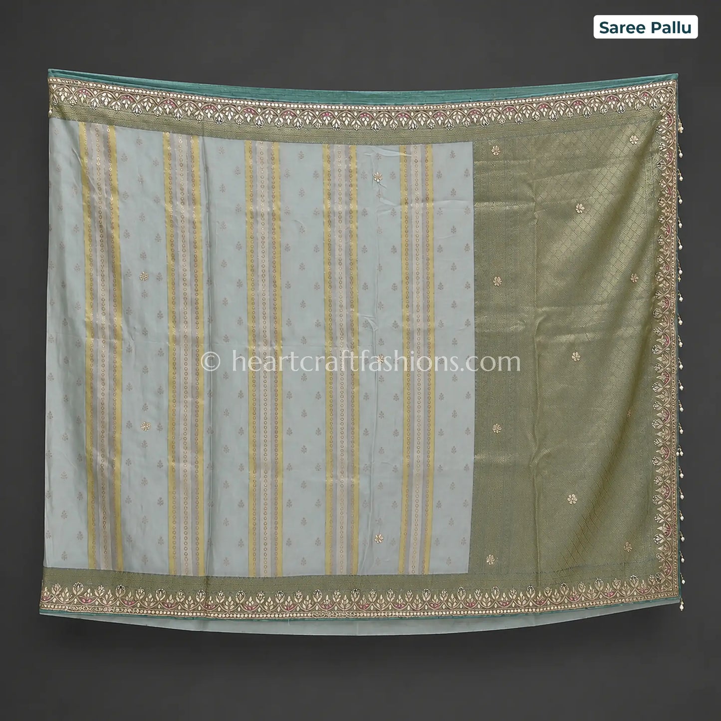 Pastel Sea Green & Off White Khadi Georgette Designer Kolkata Handwork Saree