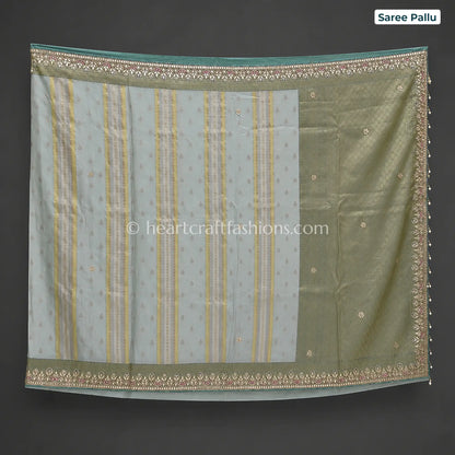 Pastel Sea Green & Off White Khadi Georgette Designer Kolkata Handwork Saree