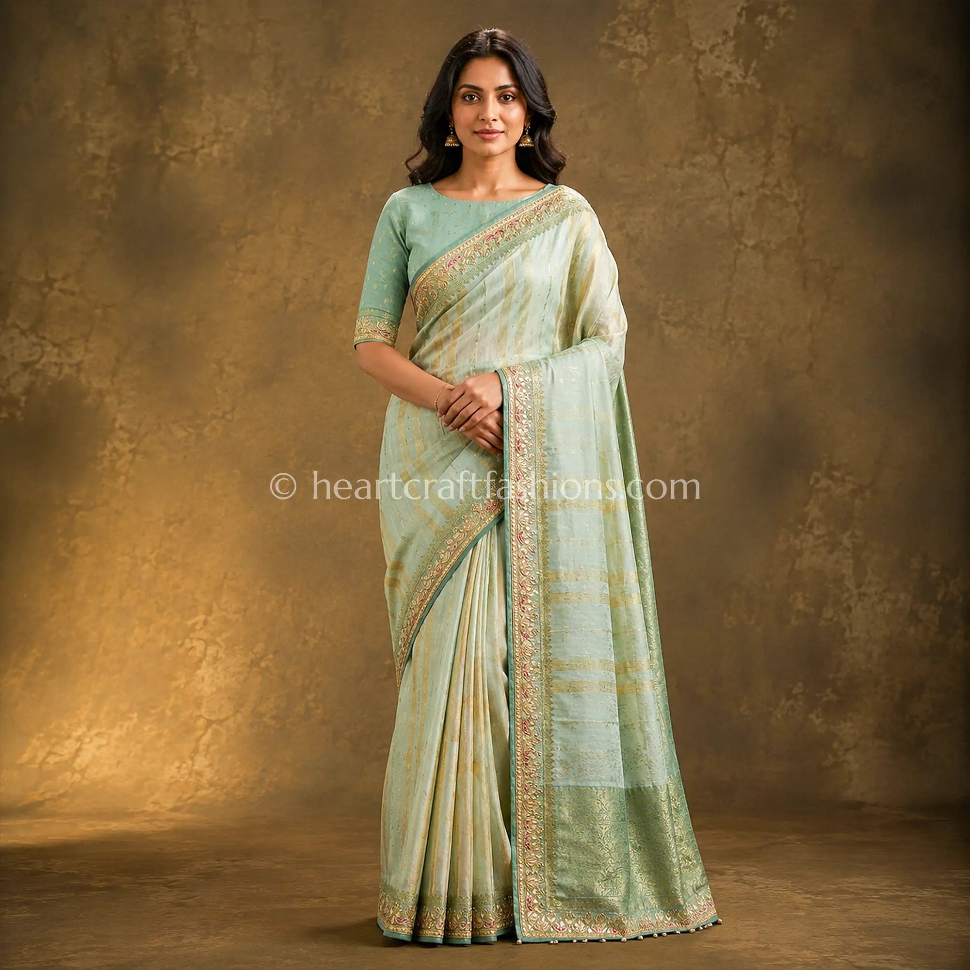 Pastel Sea Green & Off White Georgette Silk Designer Kolkata Handwork Saree
