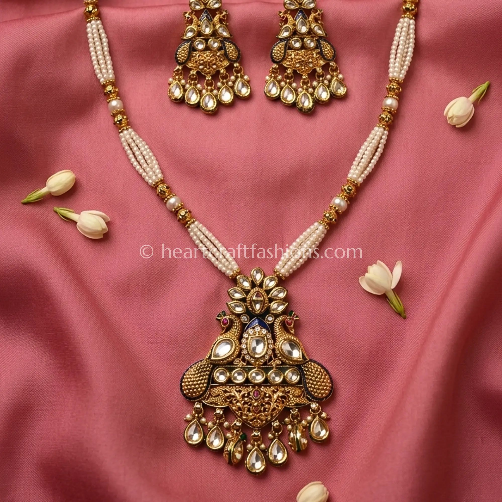 Peacock Motif AC Kundan Pearl Pendant Set
