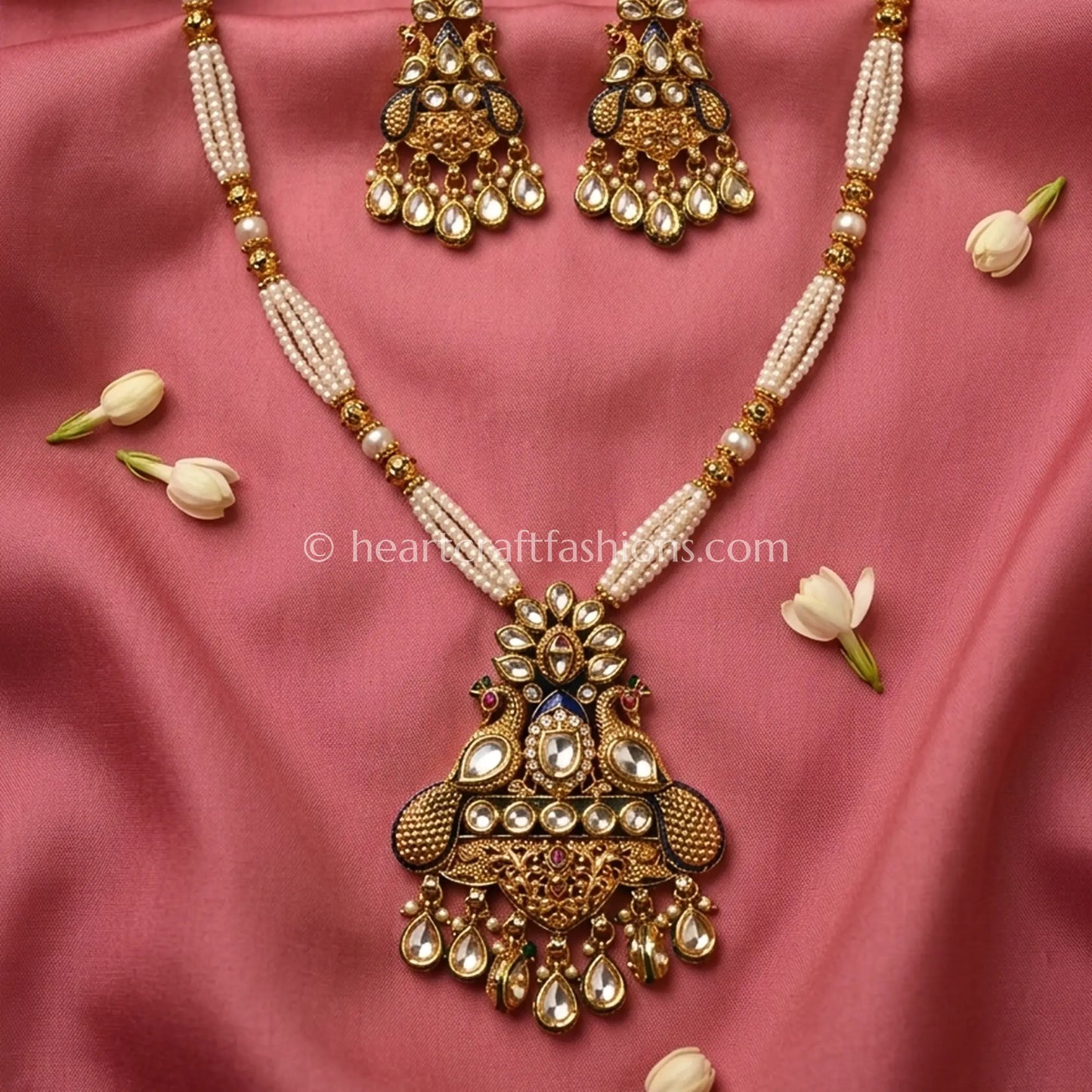 Peacock Motif AC Kundan Pearl Pendant Set