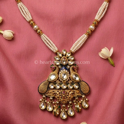 Peacock Motif AC Kundan Pearl Pendant Set