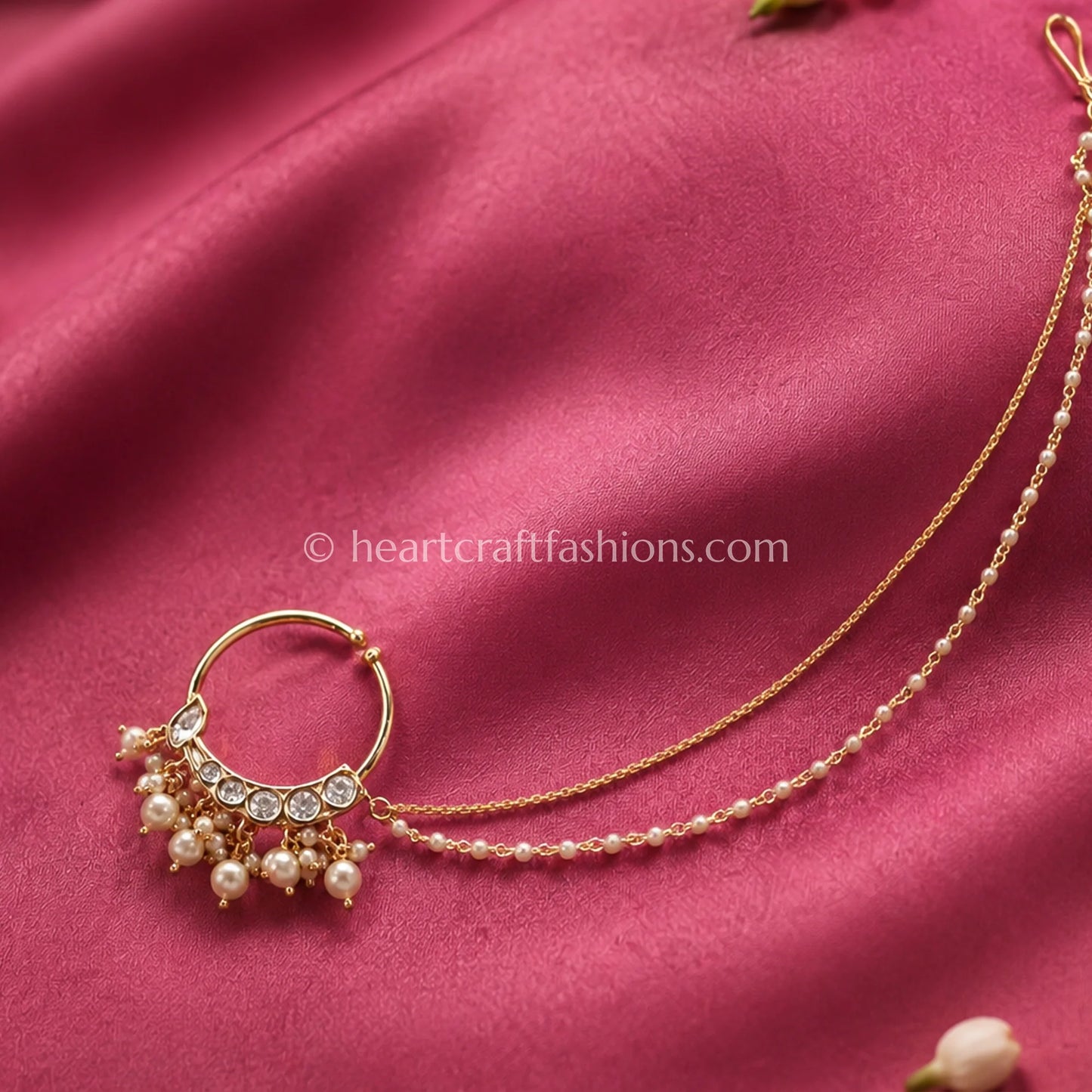 Pearl Cluster Fringe Sunehri Kundan Hoop Nath