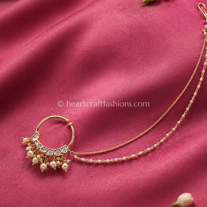 Pearl Cluster Fringe Sunehri Kundan Hoop Nath