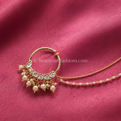 Pearl Cluster Fringe Sunehri Kundan Hoop Nath