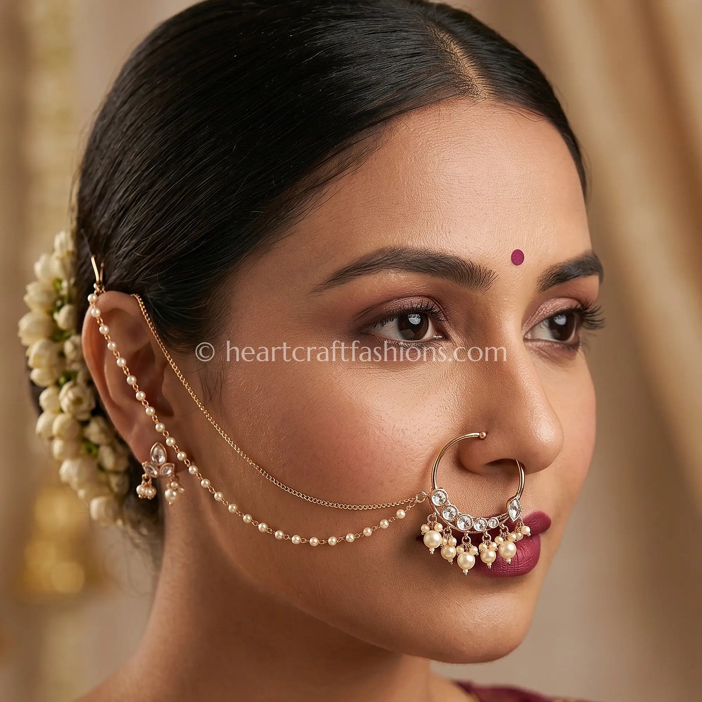 Pearl Cluster Fringe Sunehri Kundan Hoop Nath