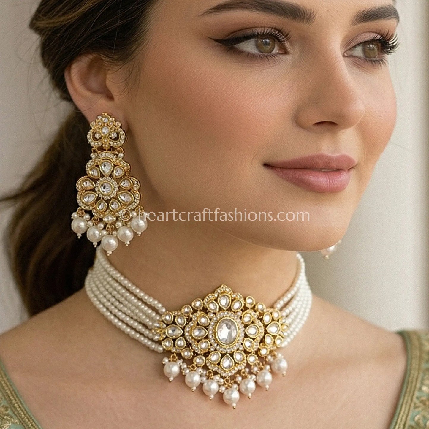 Pearl Layered Moissanite Polki Choker Set