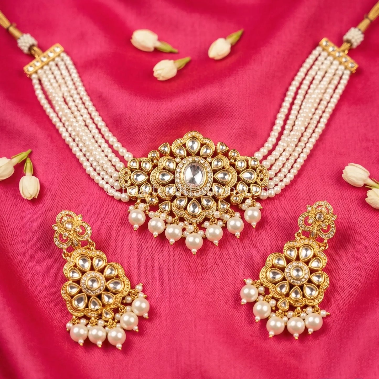 Pearl Layered Moissanite Polki Choker Set