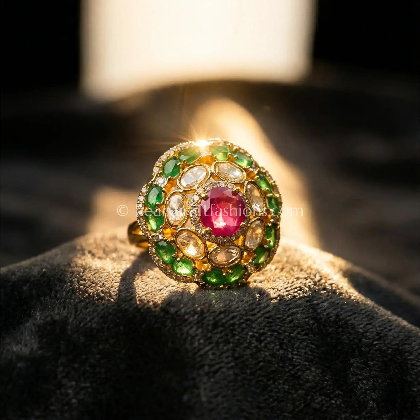 Sunehri Kundan Floral Ring with Ruby Doublet
