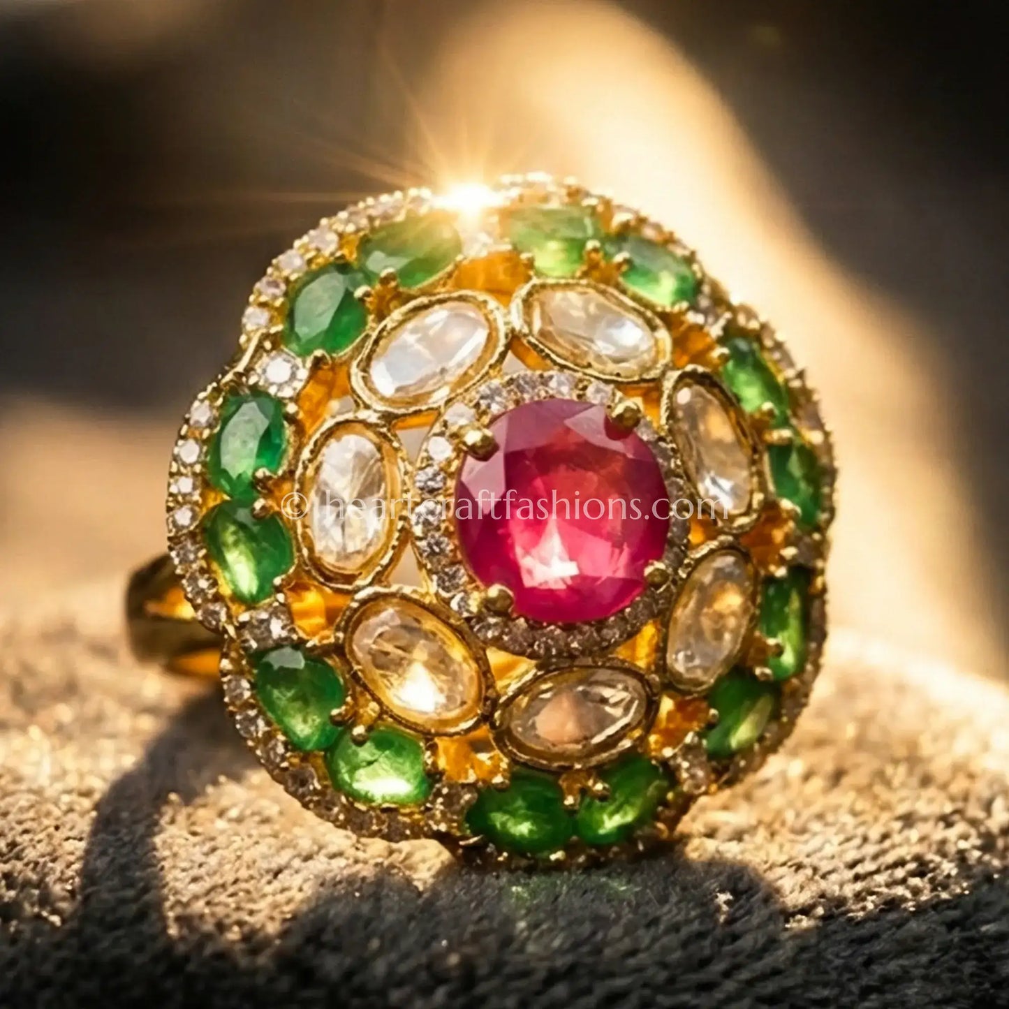 Sunehri Kundan Floral Ring with Ruby Doublet