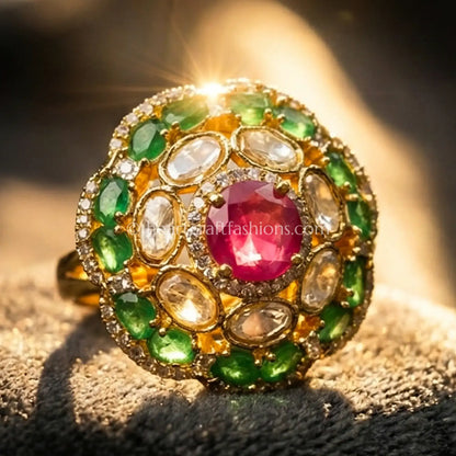 Sunehri Kundan Floral Ring with Ruby Doublet