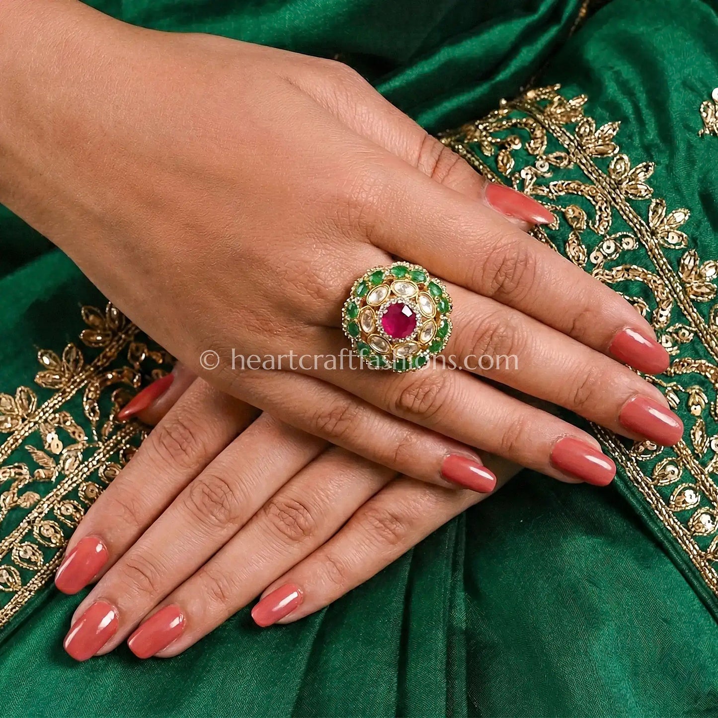 Sunehri Kundan Floral Ring with Ruby Doublet