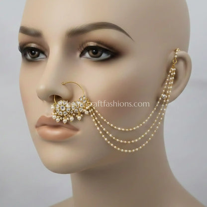 Polki Pearl Nath with Triple Chain