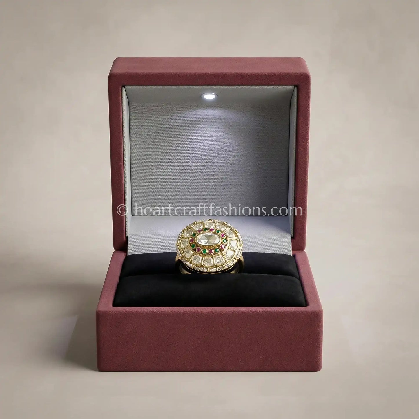 Moissanite Polki Ruby Green Ring