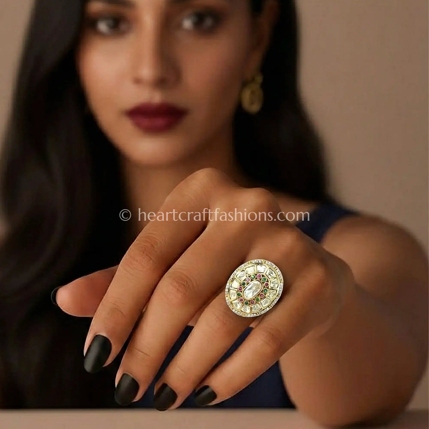 Moissanite Polki Ruby Green Ring