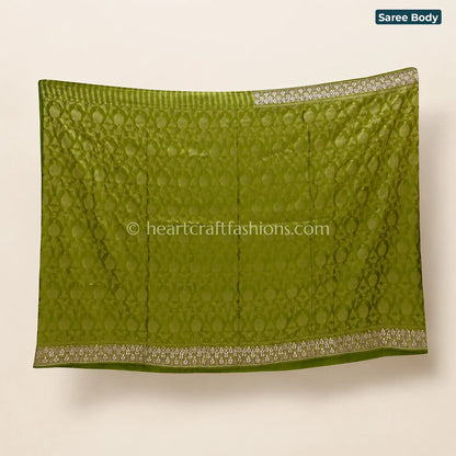 Premium Olive Green Khadi Georgette Designer Kolkata Handwork Saree