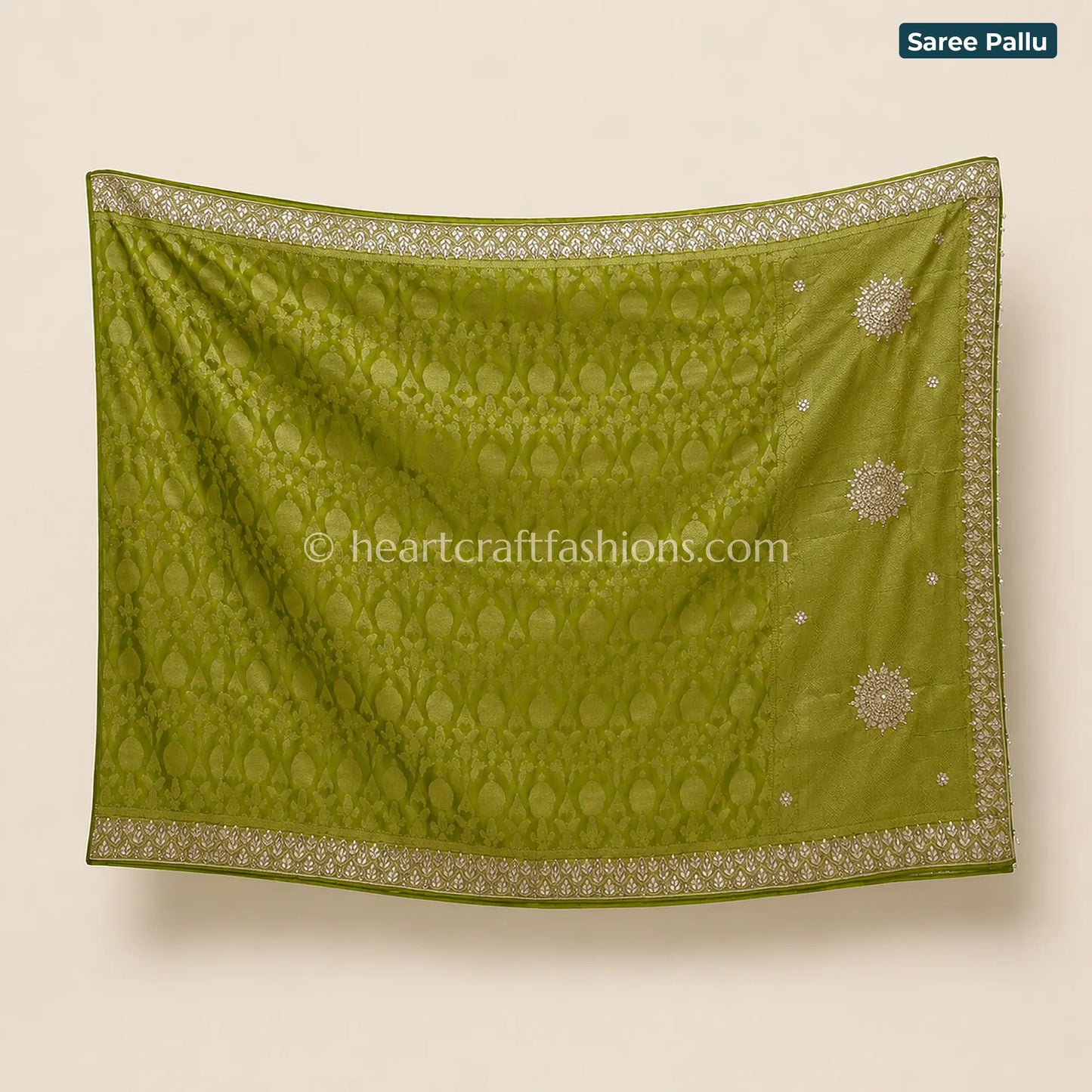 Premium Olive Green Khadi Georgette Designer Kolkata Handwork Saree