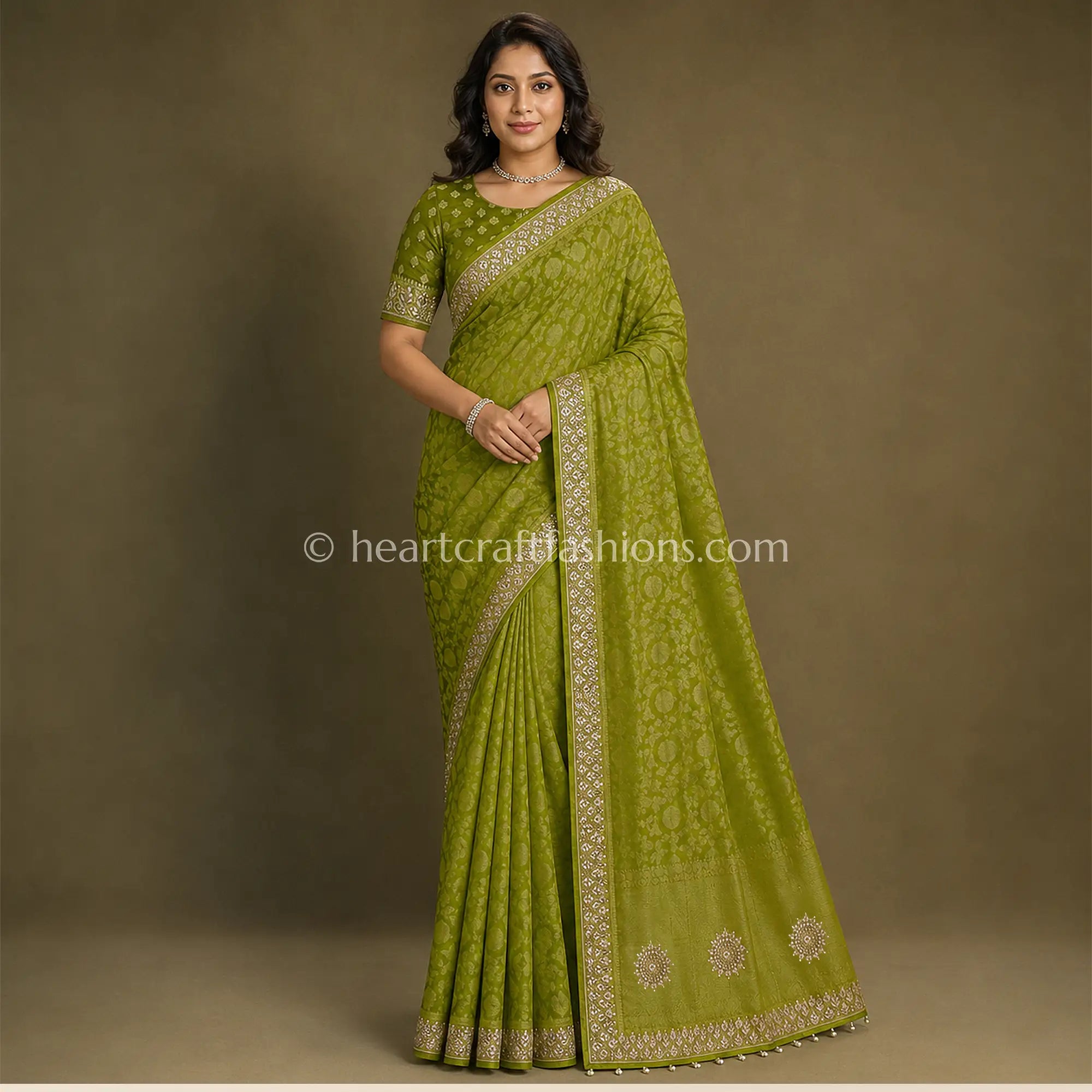 Premium Mahendi Green Khadi Georgette Designer Kolkata Handwork Saree