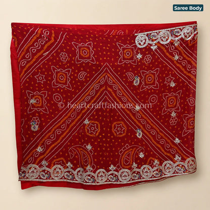 Premium Red Rai Bandhej Chunari Pure Gajji Silk Gota Patti Saree