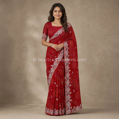 Premium Red Rai Bandhej Chunari Pure Gajji Silk Gota Patti Saree