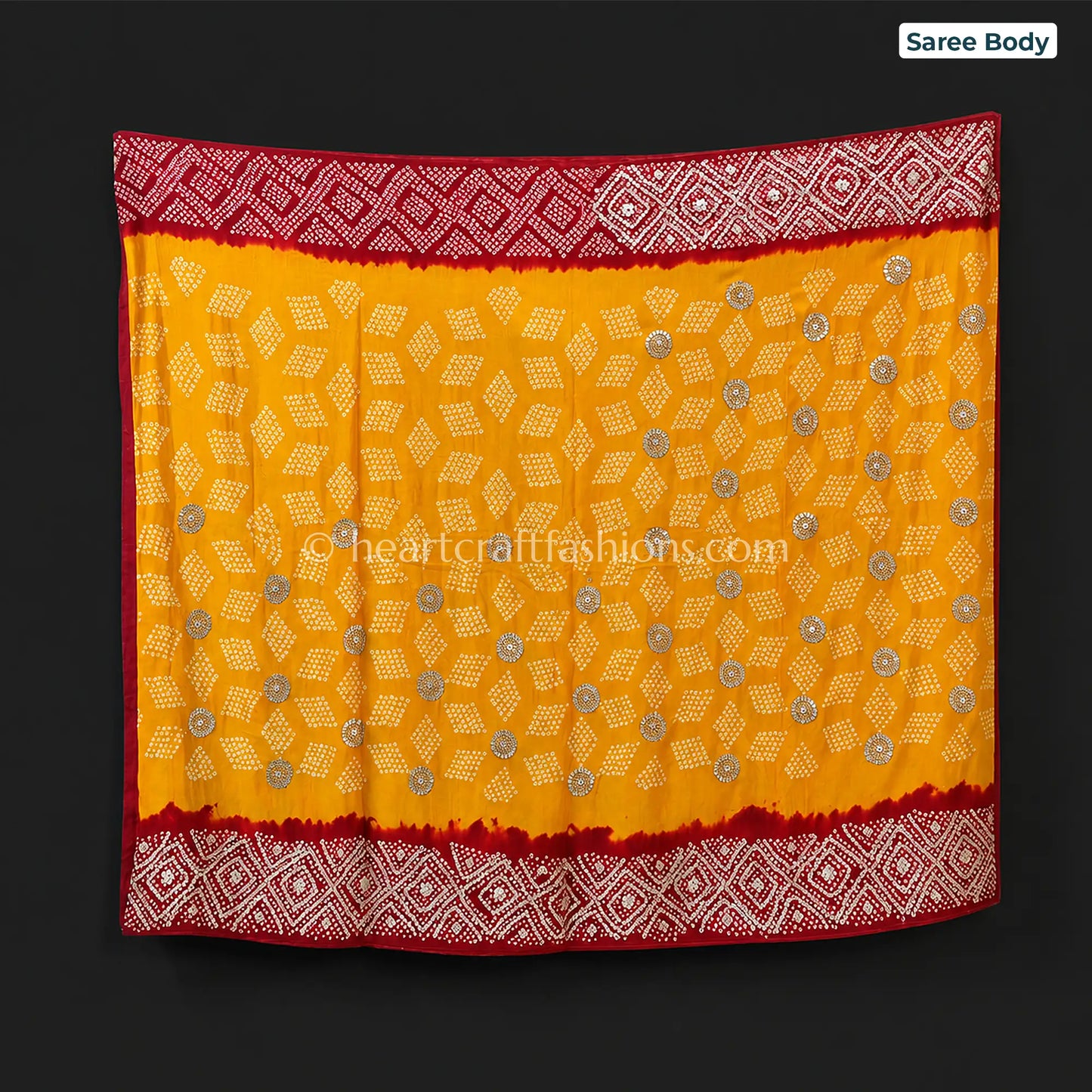 Premium Red & Mustard Rai Bandhej Pure Gajji Silk Gota Patti Saree