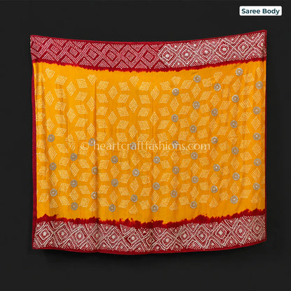 Premium Red & Mustard Rai Bandhej Pure Gajji Silk Gota Patti Saree