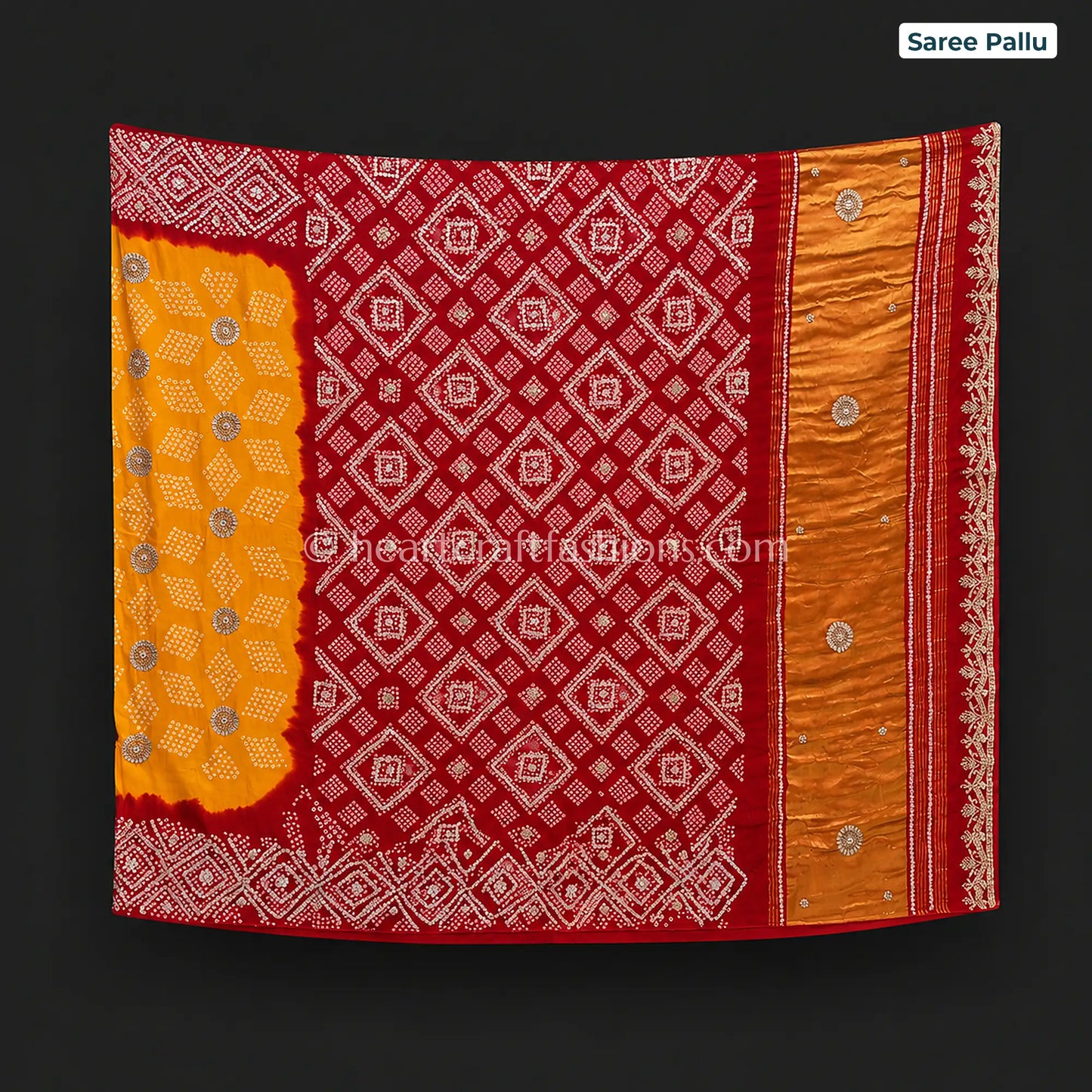 Premium Red & Mustard Rai Bandhej Pure Gajji Silk Gota Patti Saree