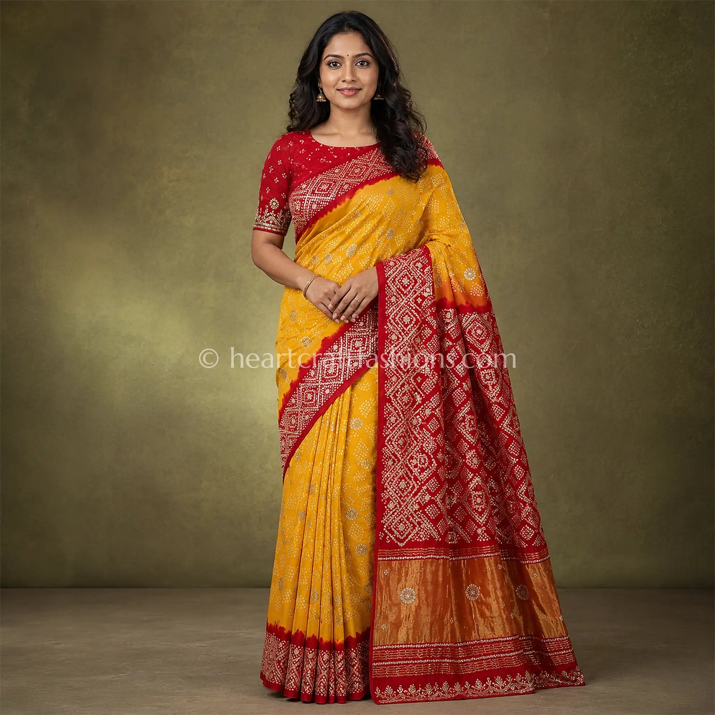 Premium Red & Mustard Rai Bandhej Pure Gajji Silk Gota Patti Saree