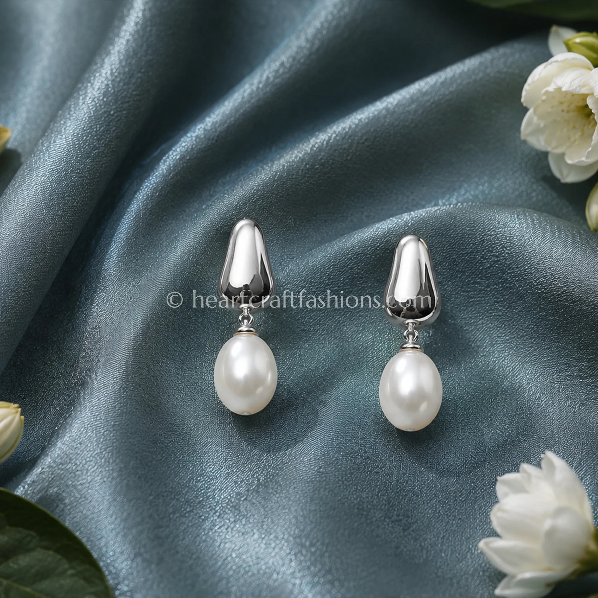 Pure Silver Abstract Fluid Drop Earrings with Pearl Accent – Hallmarked