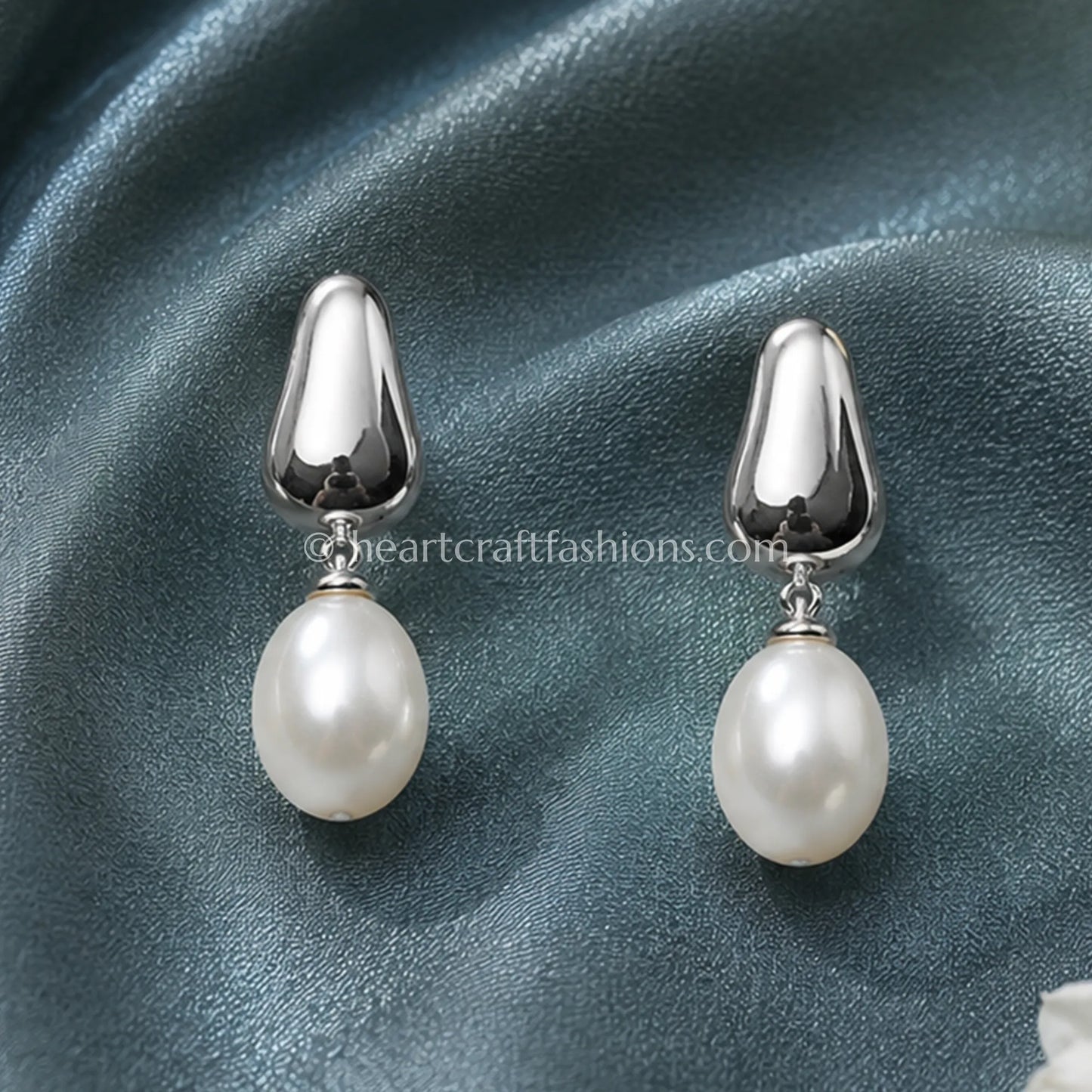 Pure Silver Abstract Fluid Drop Earrings with Pearl Accent – Hallmarked
