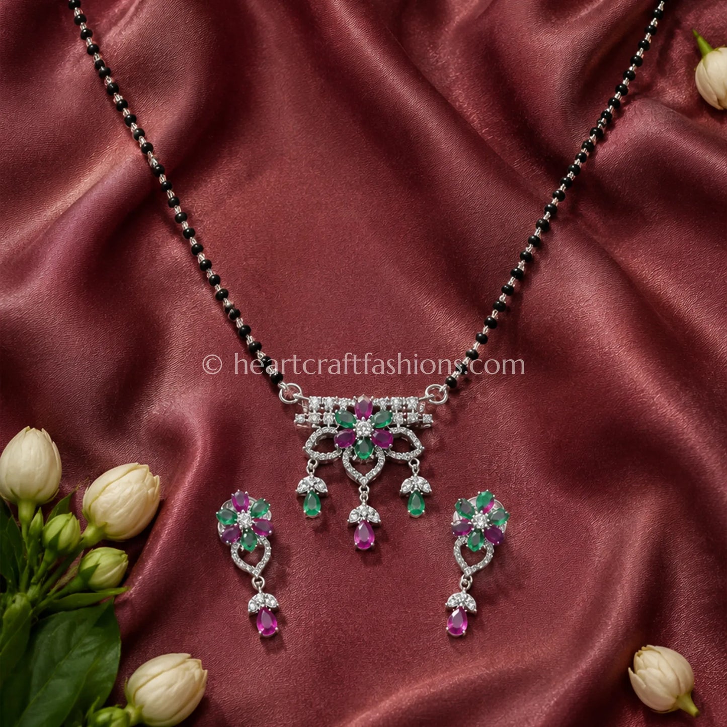 Pure Silver Emerald & Ruby Floral Mangalsutra Set – Hallmarked