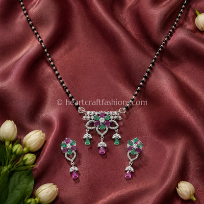 Pure Silver Emerald & Ruby Floral Mangalsutra Set – Hallmarked