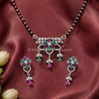 Pure Silver Emerald & Ruby Floral Mangalsutra Set – Hallmarked