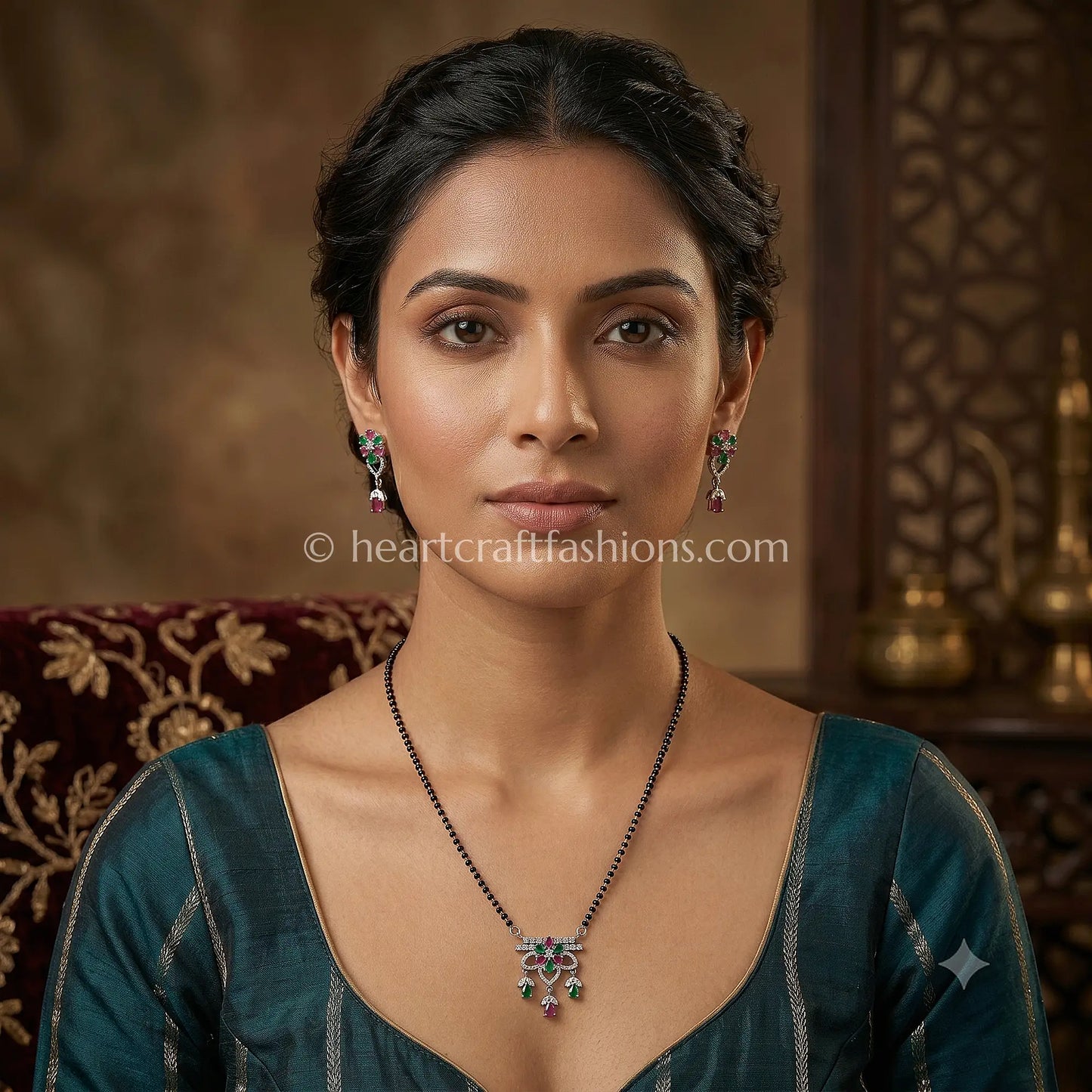 Pure Silver Emerald & Ruby Floral Mangalsutra Set – Hallmarked