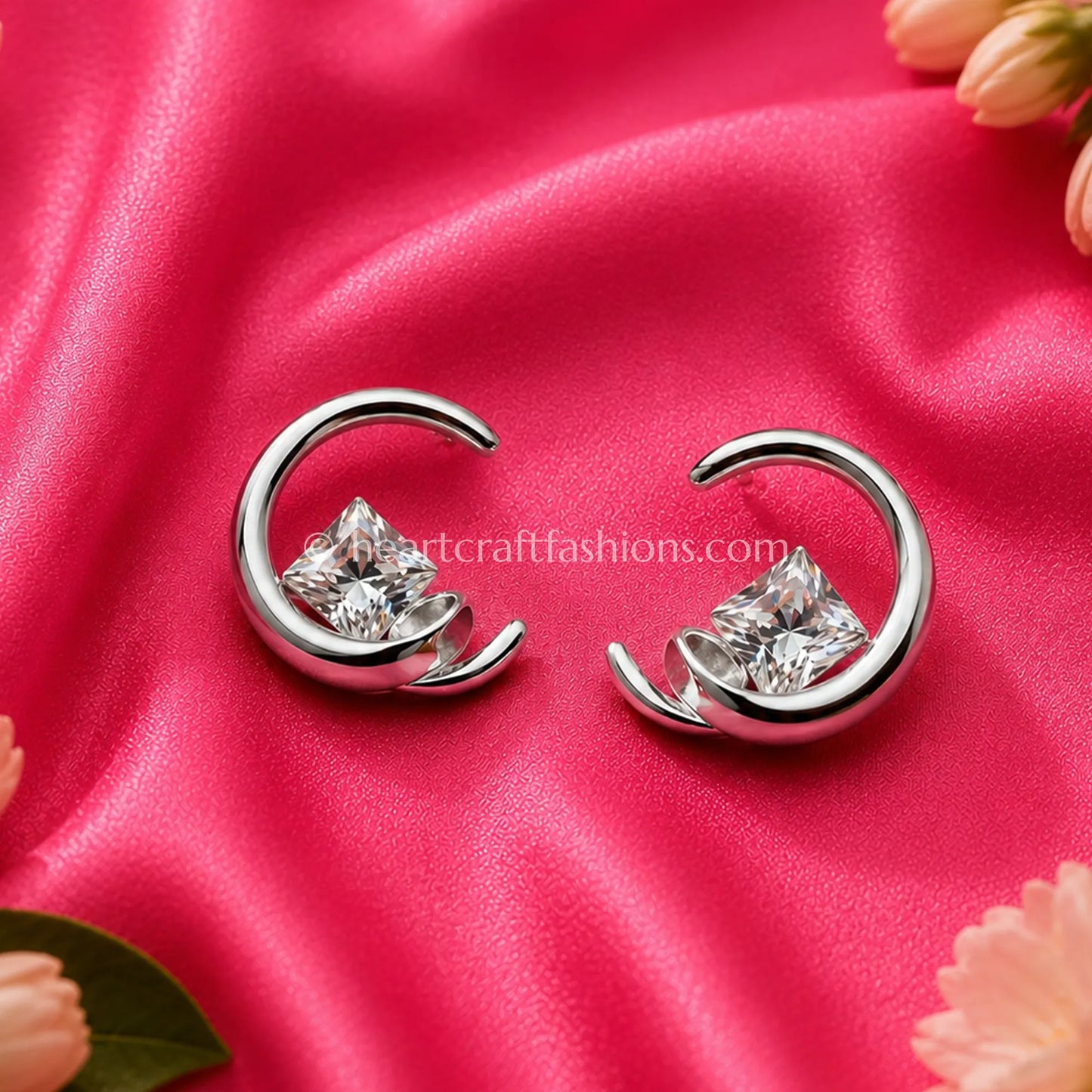 Pure Silver Floating Princess-Cut Crescent Hoop Earrings – Hallmarked