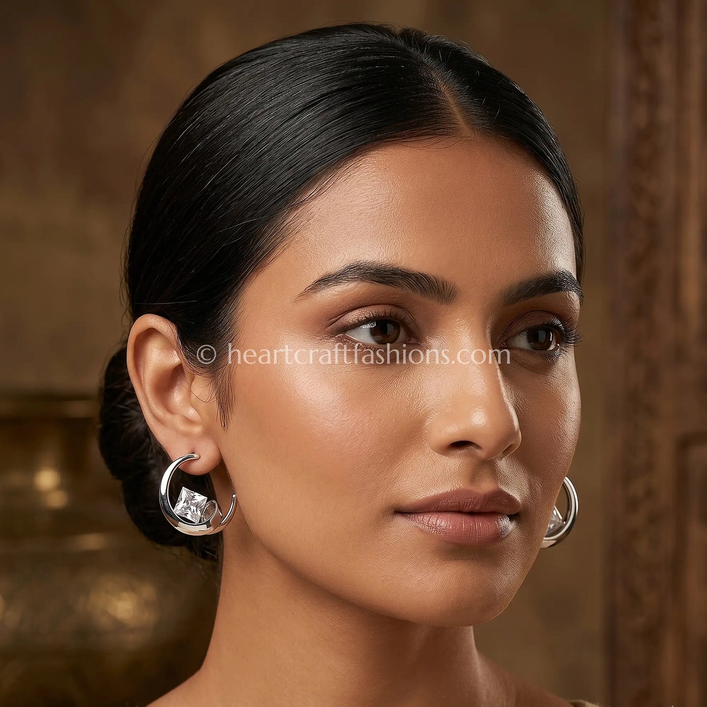 Pure Silver Floating Princess-Cut Crescent Hoop Earrings – Hallmarked