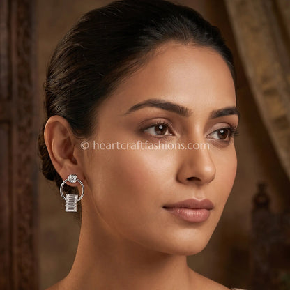 Pure Silver Geometric Baguette Loop Earrings – Hallmarked Silver Finish