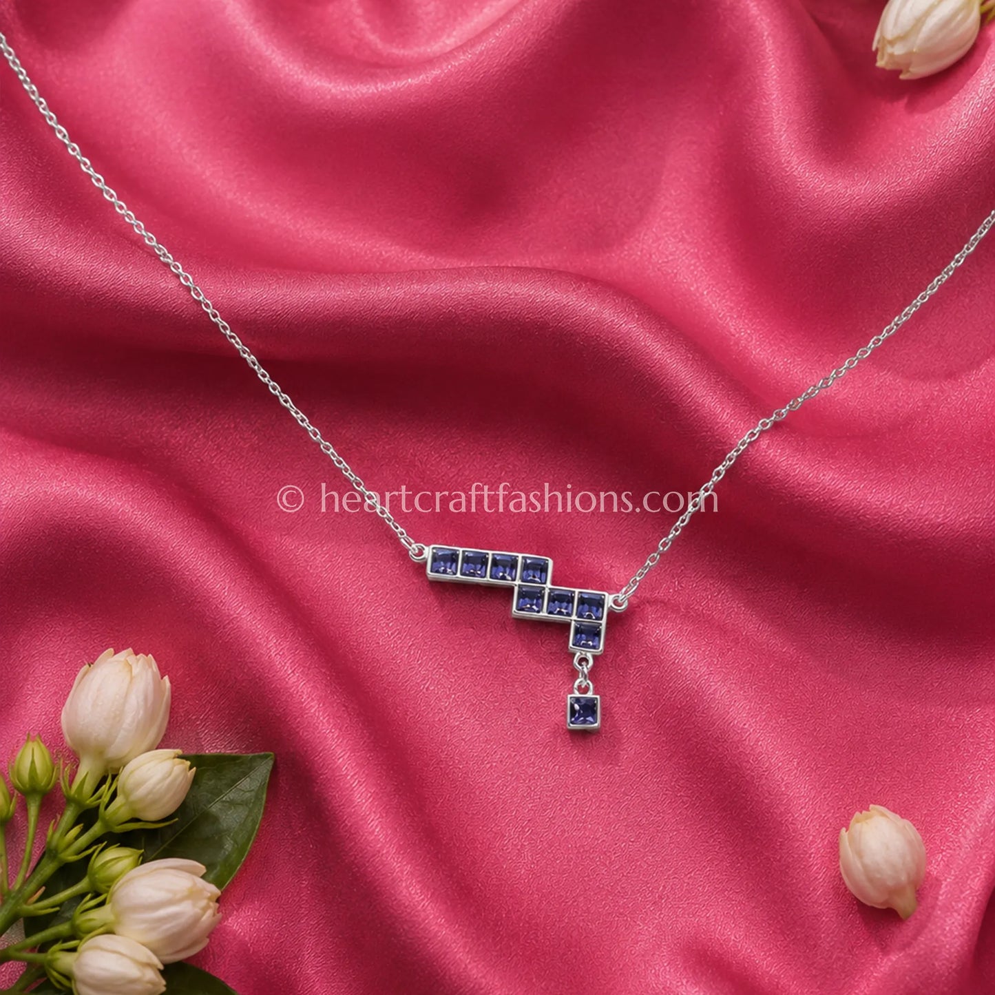 Pure Silver Geometric Step Pendant Necklace – Hallmarked Sapphire Blue CZ