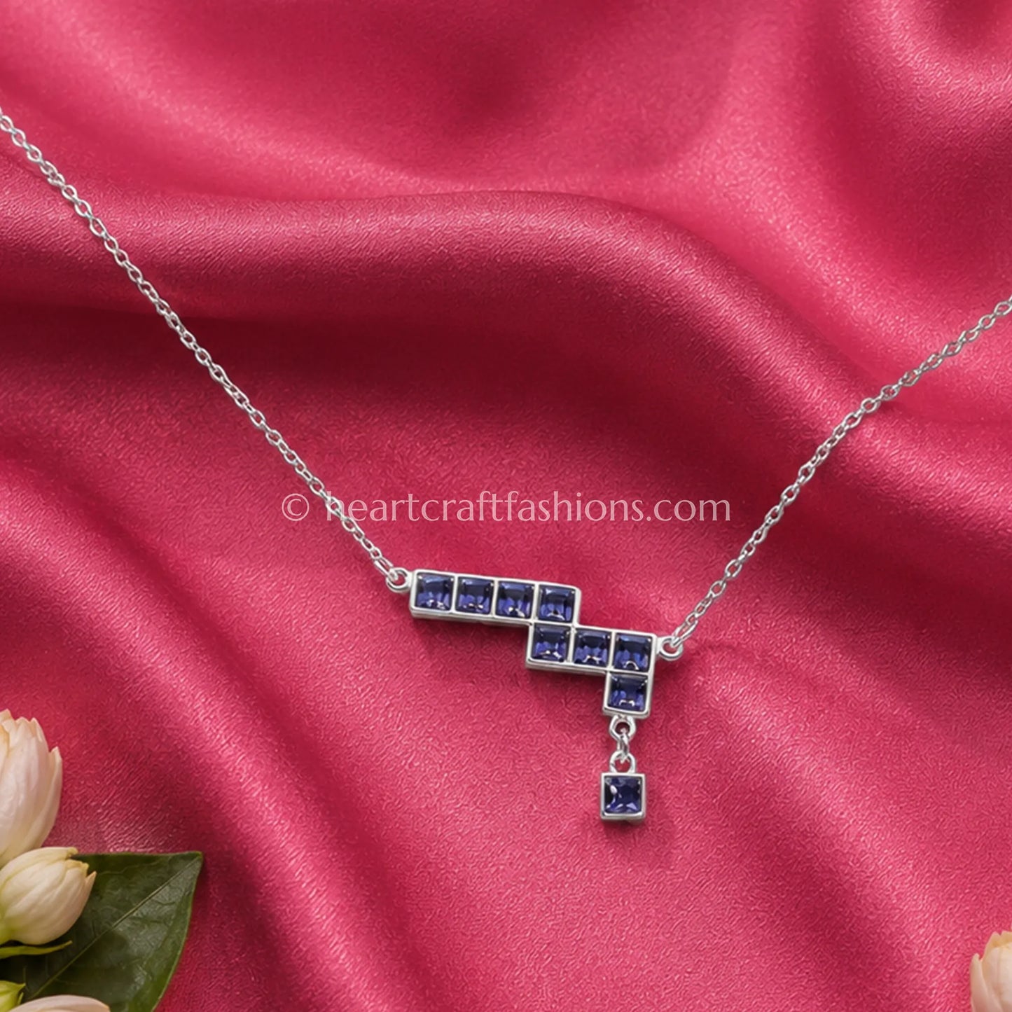 Pure Silver Geometric Step Pendant Necklace – Hallmarked Sapphire Blue CZ
