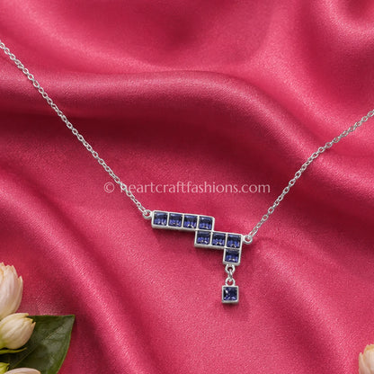 Pure Silver Geometric Step Pendant Necklace – Hallmarked Sapphire Blue CZ